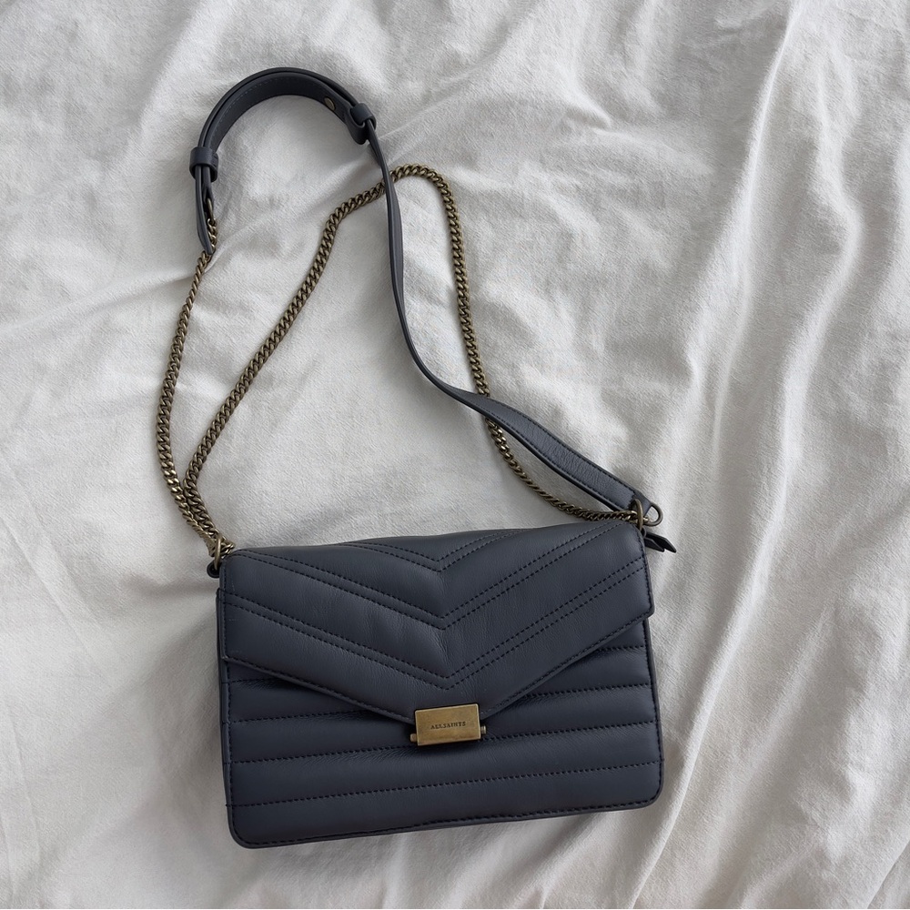 All Saints Quilted Leather Crossbody Bag in Slate Blue with Gold Hardware